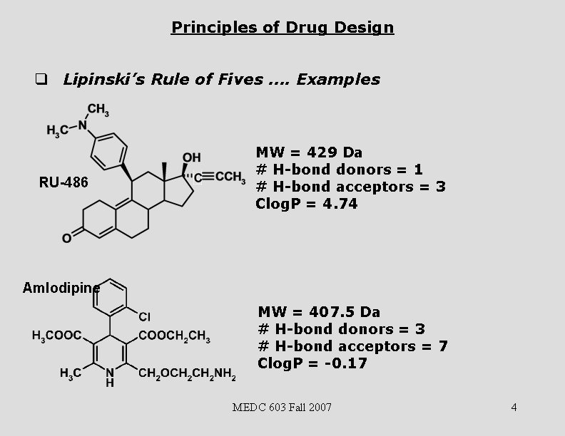Principles of Drug Design q Lipinski’s Rule of Fives …. Examples RU-486 MW =