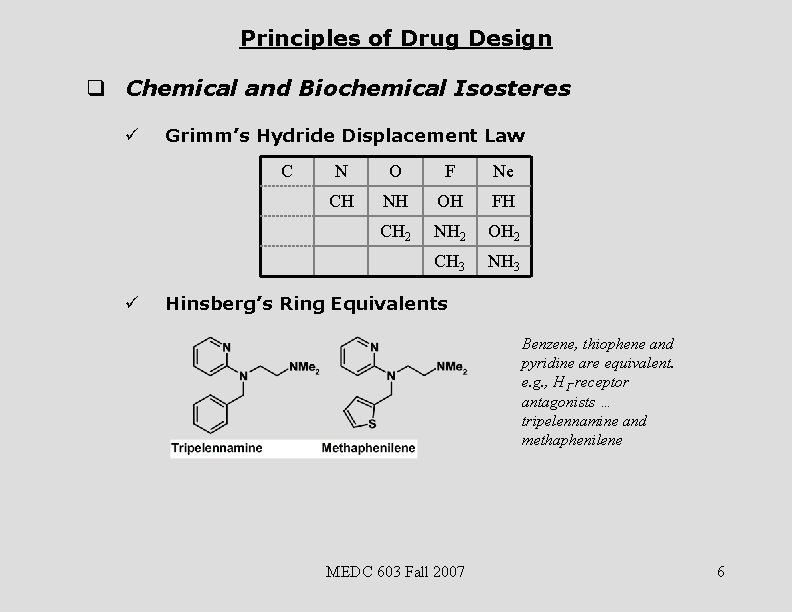 Principles of Drug Design q Chemical and Biochemical Isosteres ü Grimm’s Hydride Displacement Law
