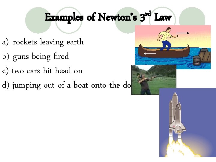 Examples of Newton’s 3 rd Law a) rockets leaving earth b) guns being fired