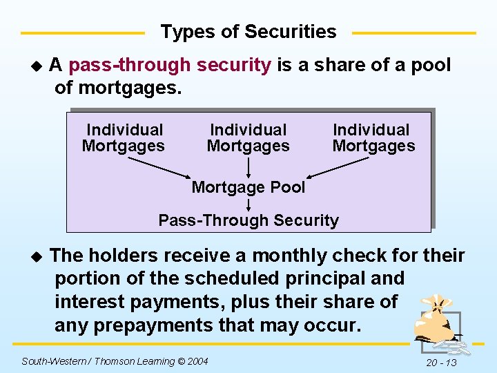 Types of Securities u A pass-through security is a share of a pool of