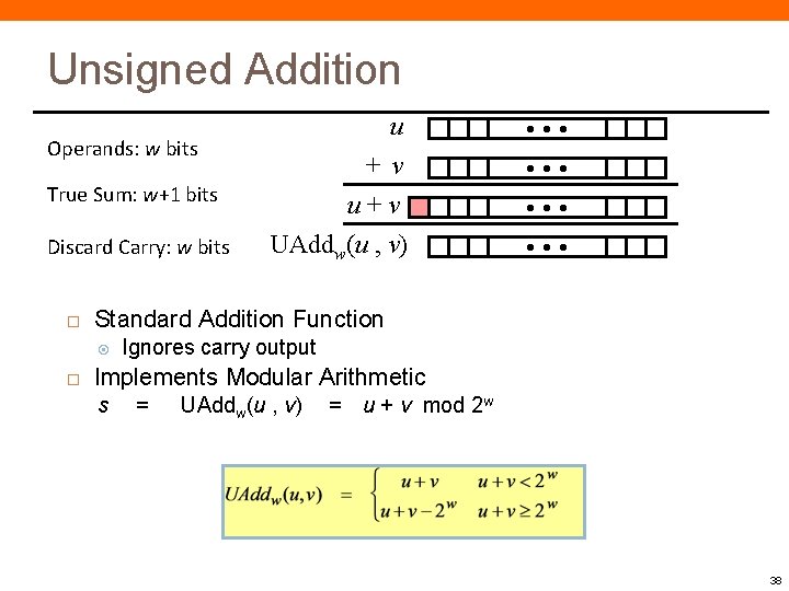 Unsigned Addition Operands: w bits True Sum: w+1 bits Discard Carry: w bits • Unsigned Addition Operands: w bits True Sum: w+1 bits Discard Carry: w bits •