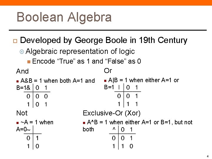 Boolean Algebra Developed by George Boole in 19 th Century Algebraic representation of logic Boolean Algebra Developed by George Boole in 19 th Century Algebraic representation of logic
