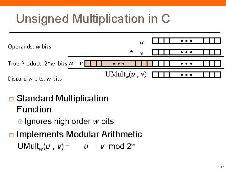 Unsigned Multiplication in C Operands: w bits True Product: 2*w bits u·v Discard w Unsigned Multiplication in C Operands: w bits True Product: 2*w bits u·v Discard w