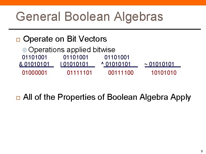 General Boolean Algebras Operate on Bit Vectors Operations applied bitwise 01101001 & 0101 01000001 General Boolean Algebras Operate on Bit Vectors Operations applied bitwise 01101001 & 0101 01000001