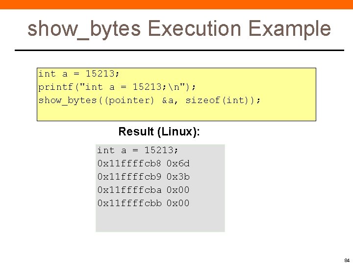 show_bytes Execution Example int a = 15213; printf("int a = 15213; n"); show_bytes((pointer) &a, show_bytes Execution Example int a = 15213; printf("int a = 15213; n"); show_bytes((pointer) &a,