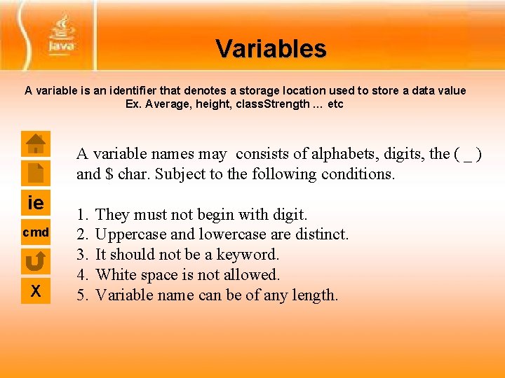 Variables A variable is an identifier that denotes a storage location used to store