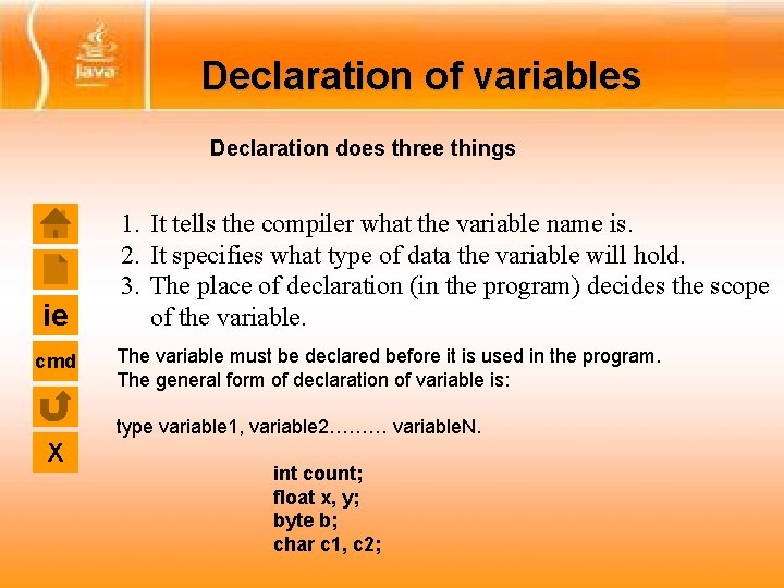 Declaration of variables Declaration does three things ie cmd 1. It tells the compiler