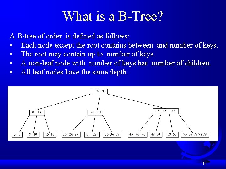 What is a B-Tree? A B-tree of order is defined as follows: • Each