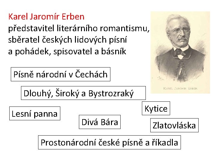 Karel Jaromír Erben představitel literárního romantismu, sběratel českých lidových písní a pohádek, spisovatel a