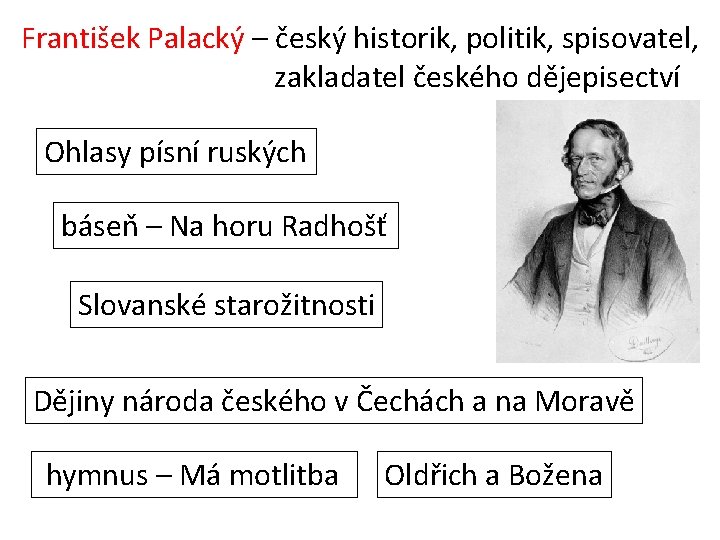 František Palacký – český historik, politik, spisovatel, zakladatel českého dějepisectví Ohlasy písní ruských báseň