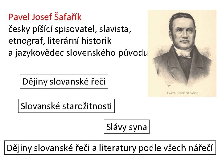 Pavel Josef Šafařík česky píšící spisovatel, slavista, etnograf, literární historik a jazykovědec slovenského původu