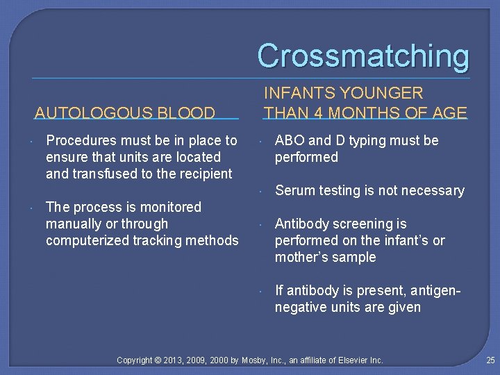 Crossmatching INFANTS YOUNGER THAN 4 MONTHS OF AGE AUTOLOGOUS BLOOD Procedures must be in