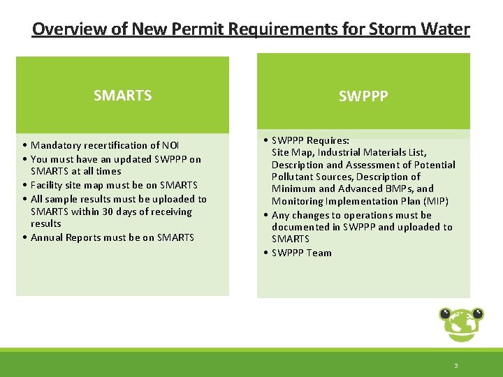 Overview of New Permit Requirements for Storm Water SMARTS • Mandatory recertification of NOI