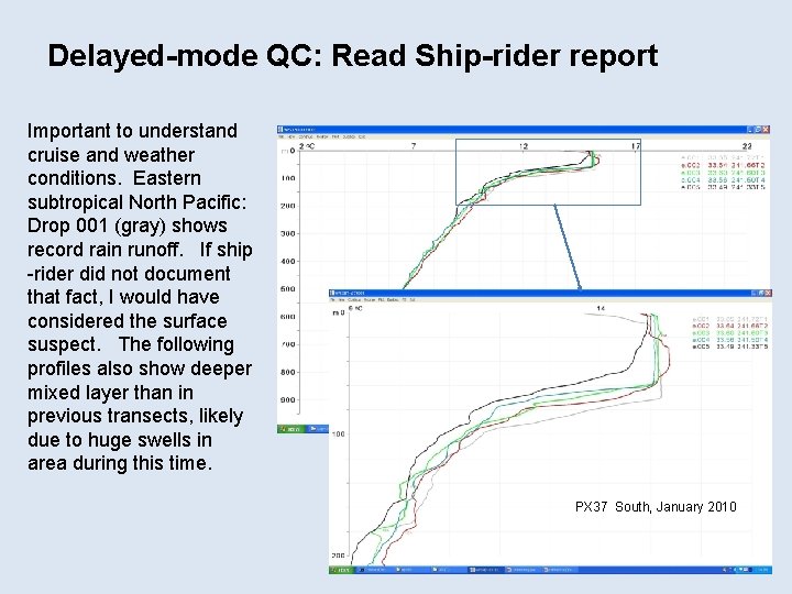 Delayed-mode QC: Read Ship-rider report Important to understand cruise and weather conditions. Eastern subtropical