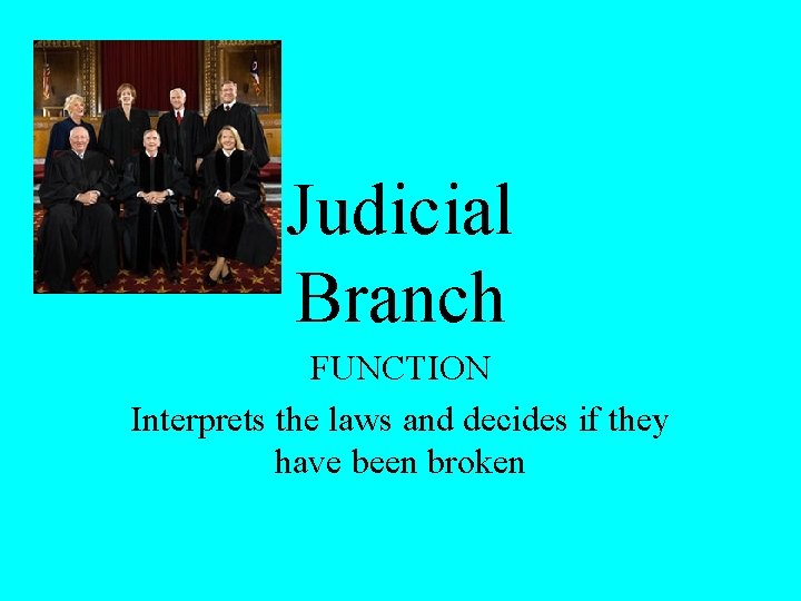 Judicial Branch FUNCTION Interprets the laws and decides if they have been broken 