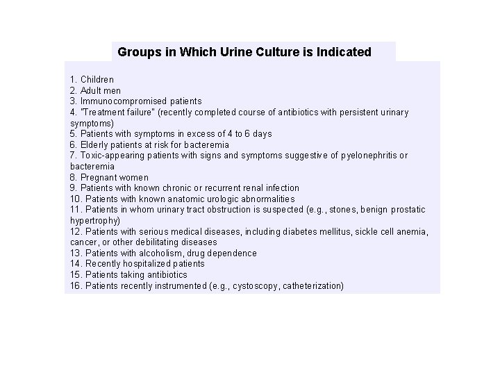 Groups in Which Urine Culture is Indicated 1. Children 2. Adult men 3. Immunocompromised
