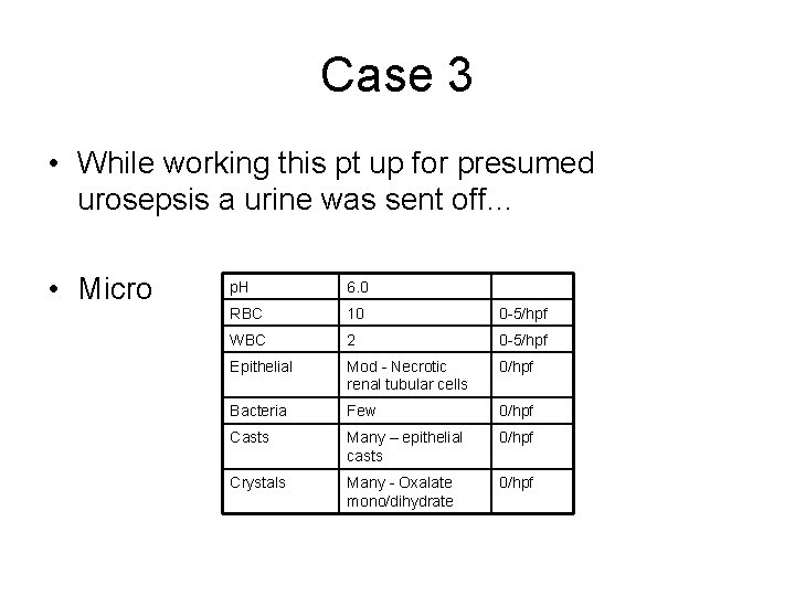 Case 3 • While working this pt up for presumed urosepsis a urine was