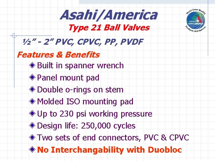 Asahi/America Type 21 Ball Valves ½” - 2” PVC, CPVC, PP, PVDF Features &