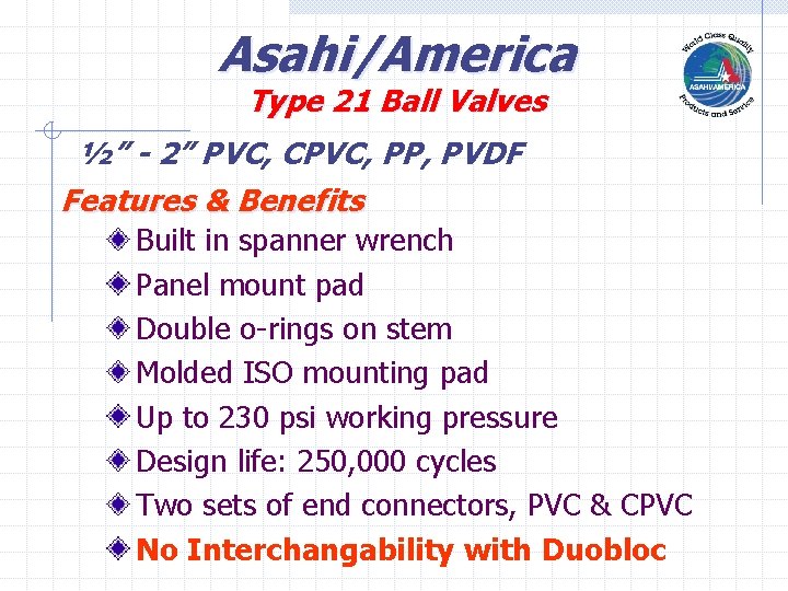 Asahi/America Type 21 Ball Valves ½” - 2” PVC, CPVC, PP, PVDF Features & Asahi/America Type 21 Ball Valves ½” - 2” PVC, CPVC, PP, PVDF Features &