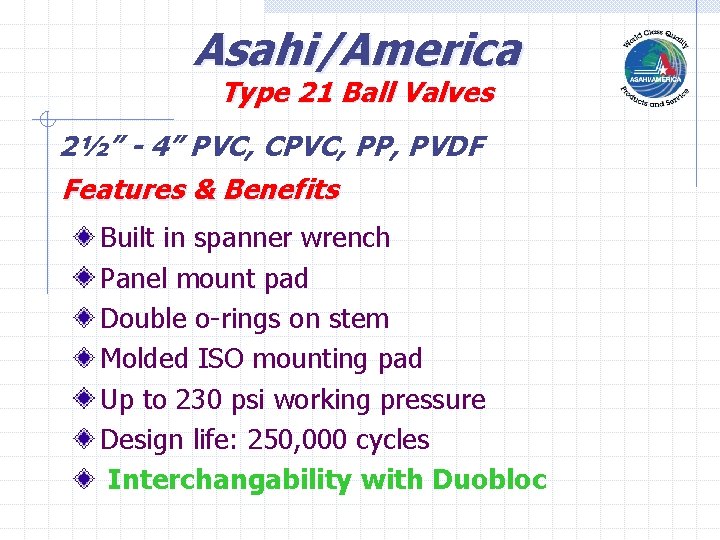 Asahi/America Type 21 Ball Valves 2½” - 4” PVC, CPVC, PP, PVDF Features & Asahi/America Type 21 Ball Valves 2½” - 4” PVC, CPVC, PP, PVDF Features &