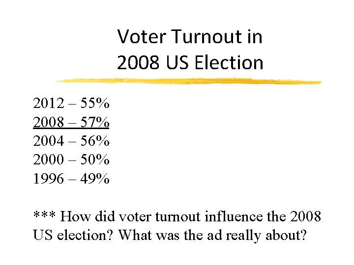 Voter Turnout in 2008 US Election 2012 – 55% 2008 – 57% 2004 –