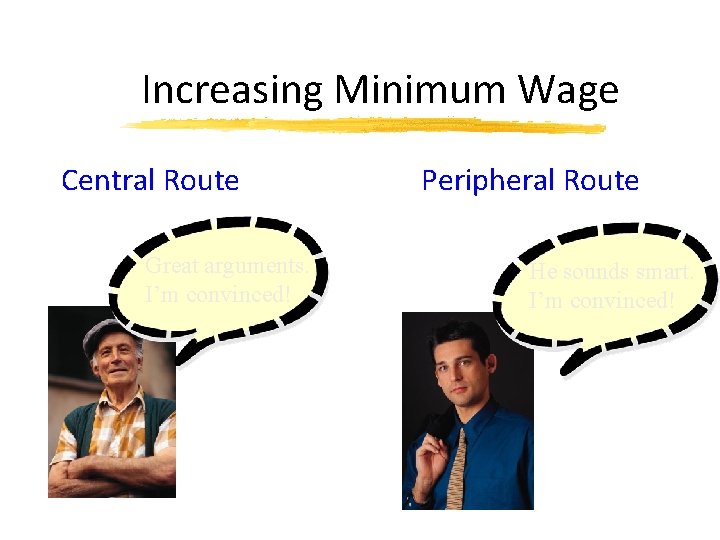 Increasing Minimum Wage Central Route Great arguments. I’m convinced! Peripheral Route He sounds smart.