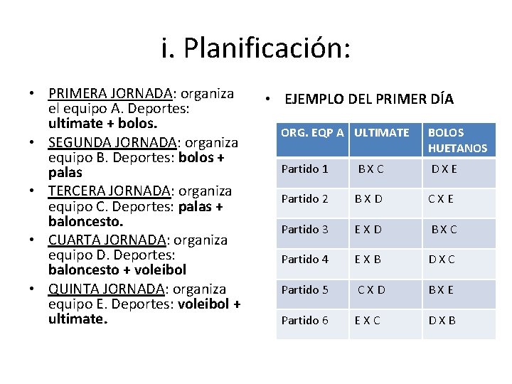 i. Planificación: • PRIMERA JORNADA: organiza el equipo A. Deportes: ultimate + bolos. •