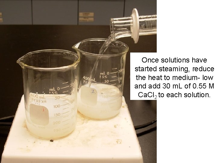 Once solutions have started steaming, reduce the heat to medium- low and add 30