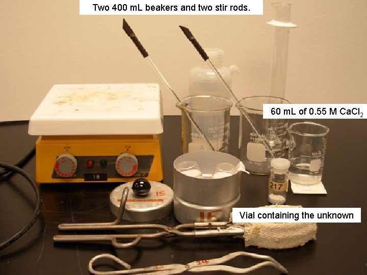 Two 400 m. L beakers and two stir rods. 60 m. L of 0.