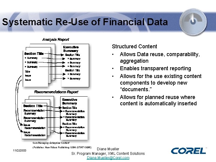 Systematic Re-Use of Financial Data Structured Content • Allows Data reuse, comparability, aggregation •