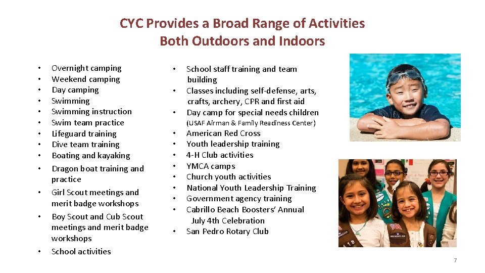 CYC Provides a Broad Range of Activities Both Outdoors and Indoors • • •