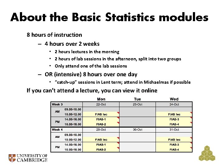 About the Basic Statistics modules 8 hours of instruction – 4 hours over 2