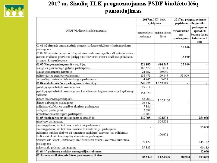 2017 m. Šiaulių TLK prognozuojamas PSDF biudžeto lėšų panaudojimas 