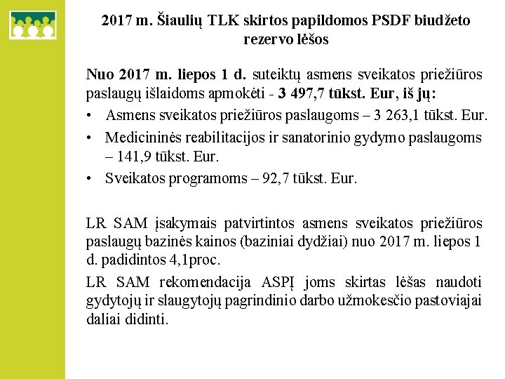 2017 m. Šiaulių TLK skirtos papildomos PSDF biudžeto rezervo lėšos Nuo 2017 m. liepos
