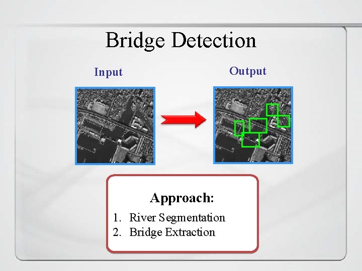 Bridge Detection Output Input Approach: 1. River Segmentation 2. Bridge Extraction 