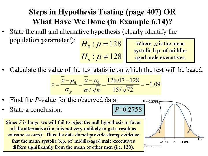 Steps in Hypothesis Testing (page 407) OR What Have We Done (in Example 6.