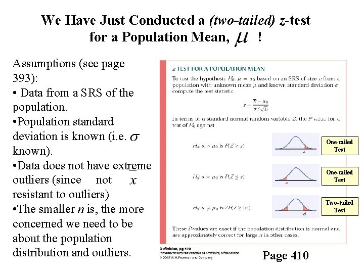 We Have Just Conducted a (two-tailed) z-test for a Population Mean, ! Assumptions (see