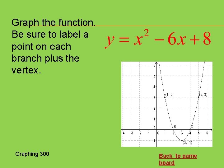 Graph the function. Be sure to label a point on each branch plus the