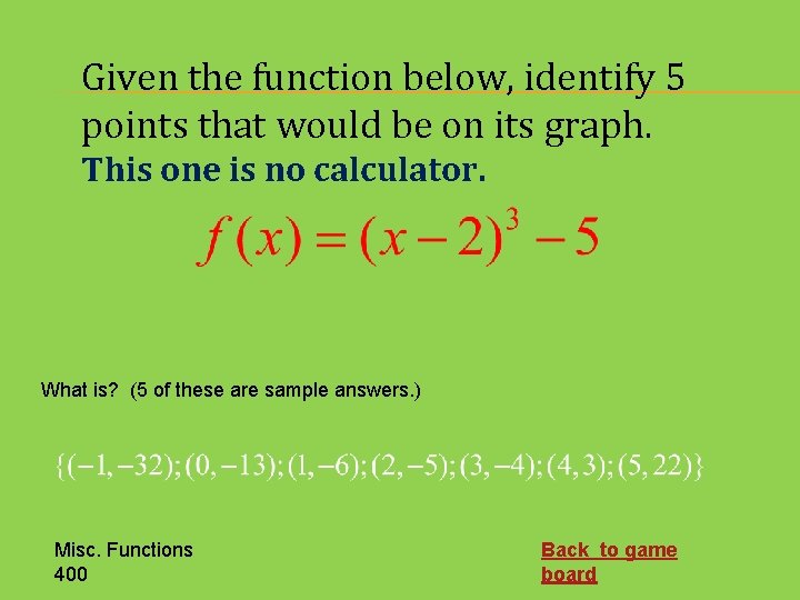 Given the function below, identify 5 points that would be on its graph. This