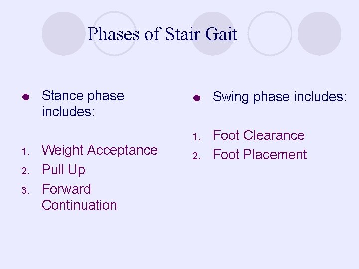 Phases of Stair Gait | 1. 2. 3. Stance phase includes: Weight Acceptance Pull
