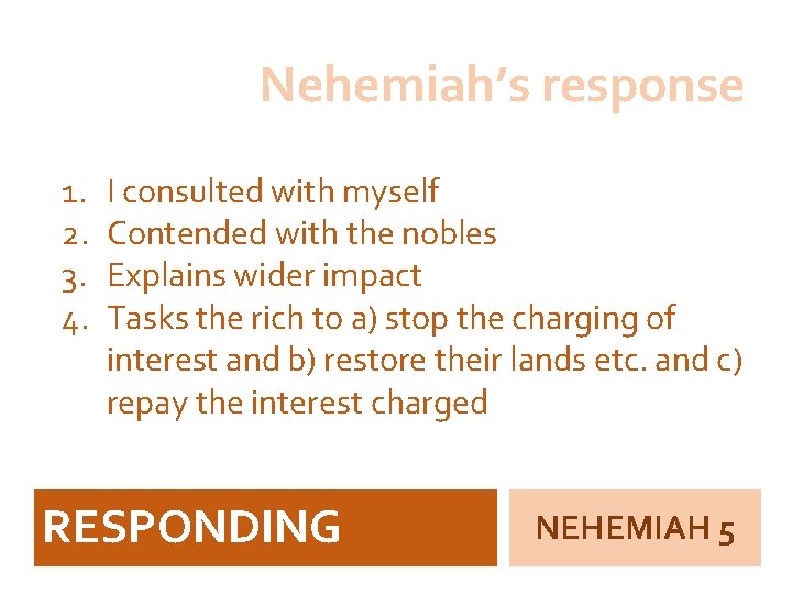 Nehemiah’s response 1. 2. 3. 4. I consulted with myself Contended with the nobles