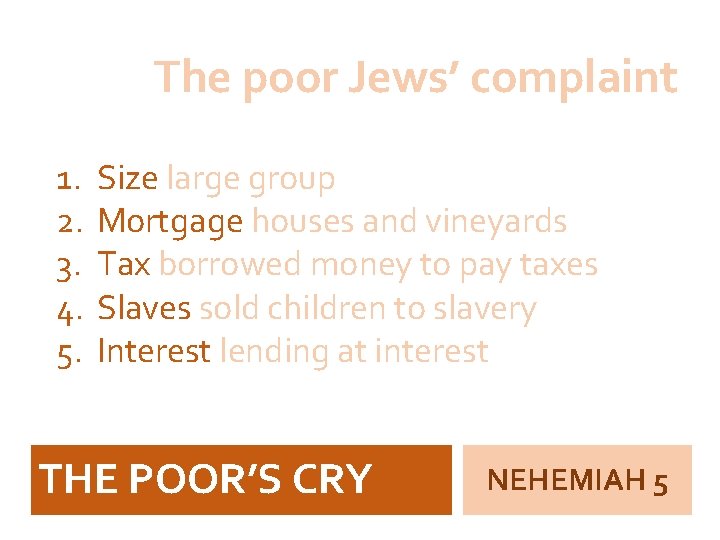 The poor Jews’ complaint 1. 2. 3. 4. 5. Size large group Mortgage houses