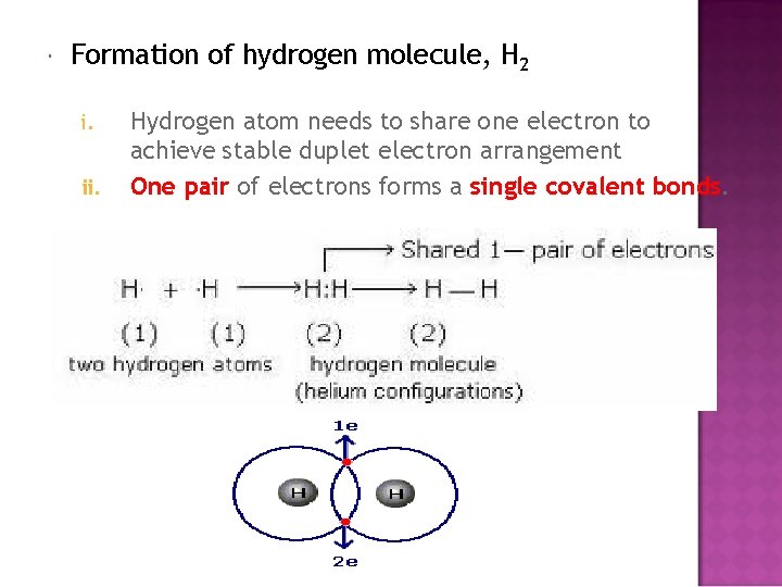  Formation of hydrogen molecule, H 2 i. ii. Hydrogen atom needs to share