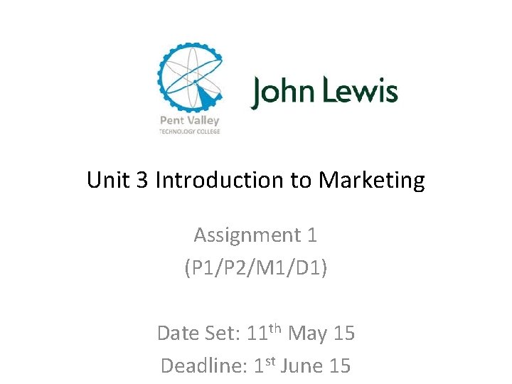 Unit 3 Introduction to Marketing Assignment 1 (P 1/P 2/M 1/D 1) Date Set: