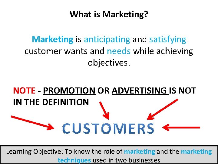 What is Marketing? Marketing is anticipating and satisfying customer wants and needs while achieving