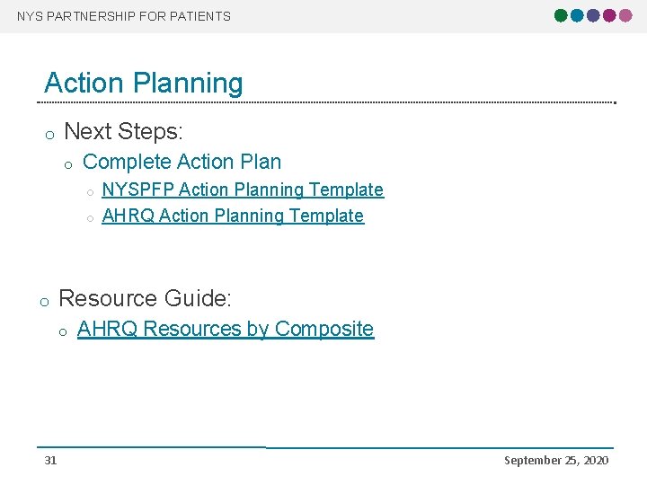 NYS PARTNERSHIP FOR PATIENTS Action Planning o Next Steps: o Complete Action Plan o