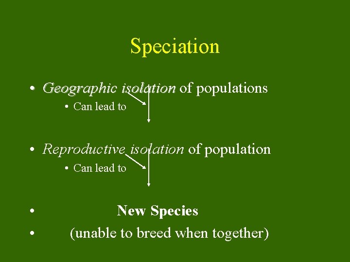 Speciation • Geographic isolation of populations • Can lead to • Reproductive isolation of