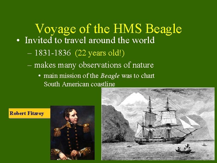 Voyage of the HMS Beagle • Invited to travel around the world – 1831