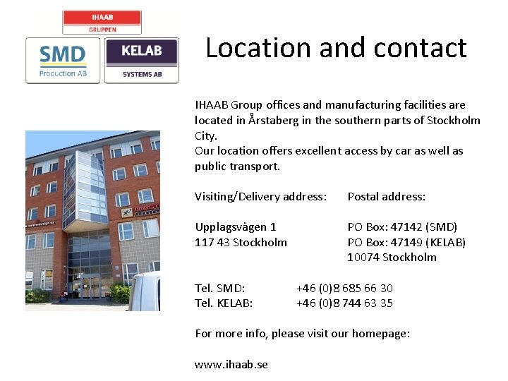 Location and contact IHAAB Group offices and manufacturing facilities are located in Årstaberg in