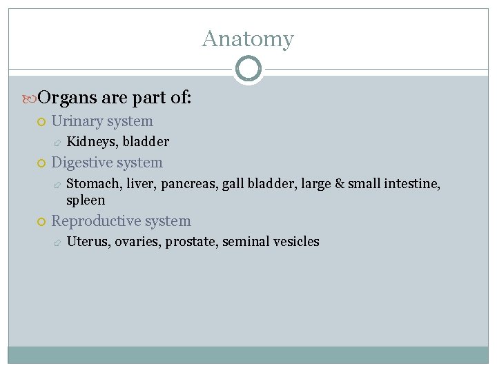 Anatomy Organs are part of: Urinary system Digestive system Kidneys, bladder Stomach, liver, pancreas,